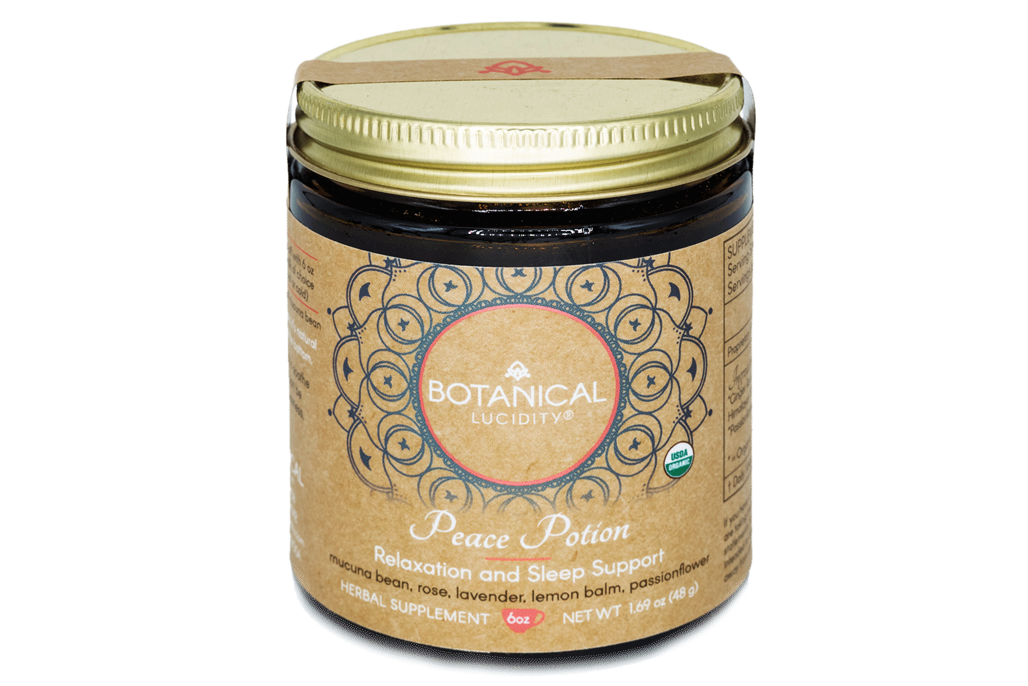 Peace Potion is a blend of medicinal herbs known as nervines, which nourish and support the nervous system. This elixir aids in countering anxiety and restlessness, promoting relaxation and a good night’s sleep. Key ingredients include lavender, lemon balm, mucuna bean, and passionflower, offering various benefits such as anxiety relief and dopamine support. Additionally, rose, vanilla, and red rooibos enhance the flavor profile while providing soothing properties.